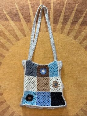 Hand Crafted Cream, Blue and Brown Crochet Patchwork Shoulder Bag